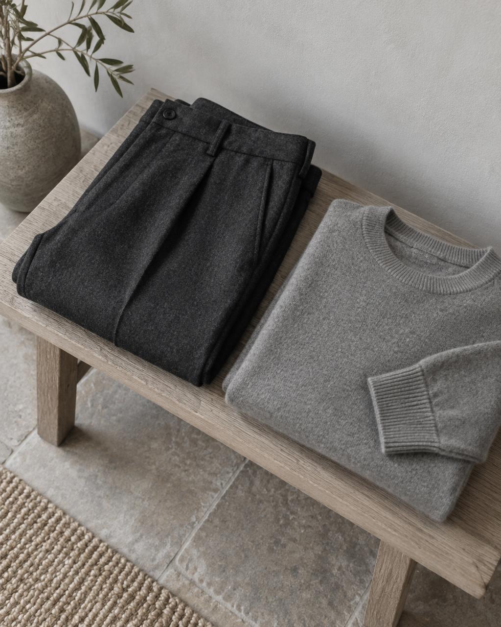 Wool trousers and a cashmere sweater folded on a bench