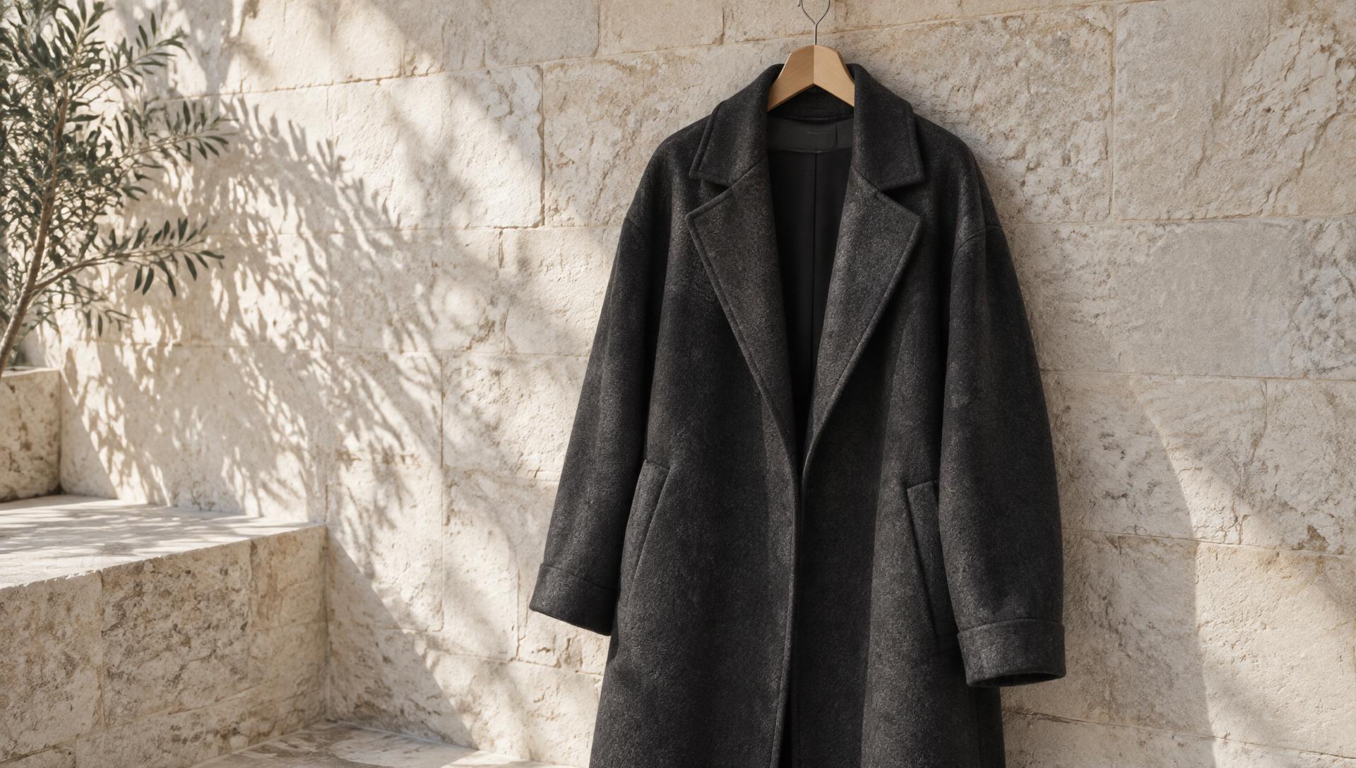 An oversized charcoal wool coat against a sunlit limestone wall