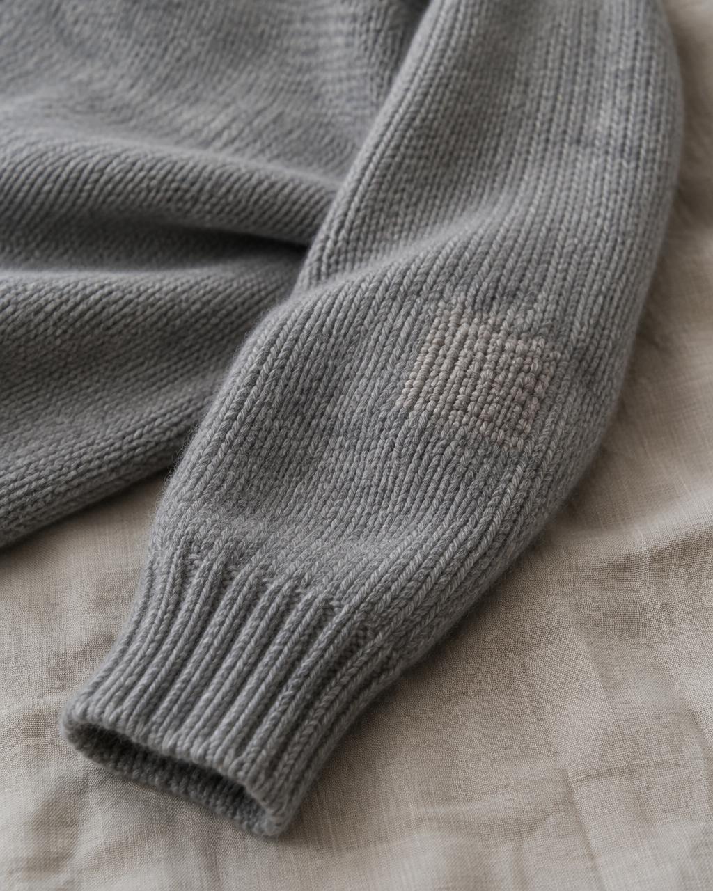 A grey sweater sleeve with a darned elbow