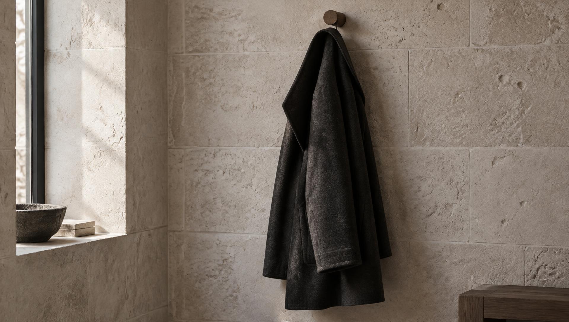 A dark wool coat on a wooden peg against a limestone wall