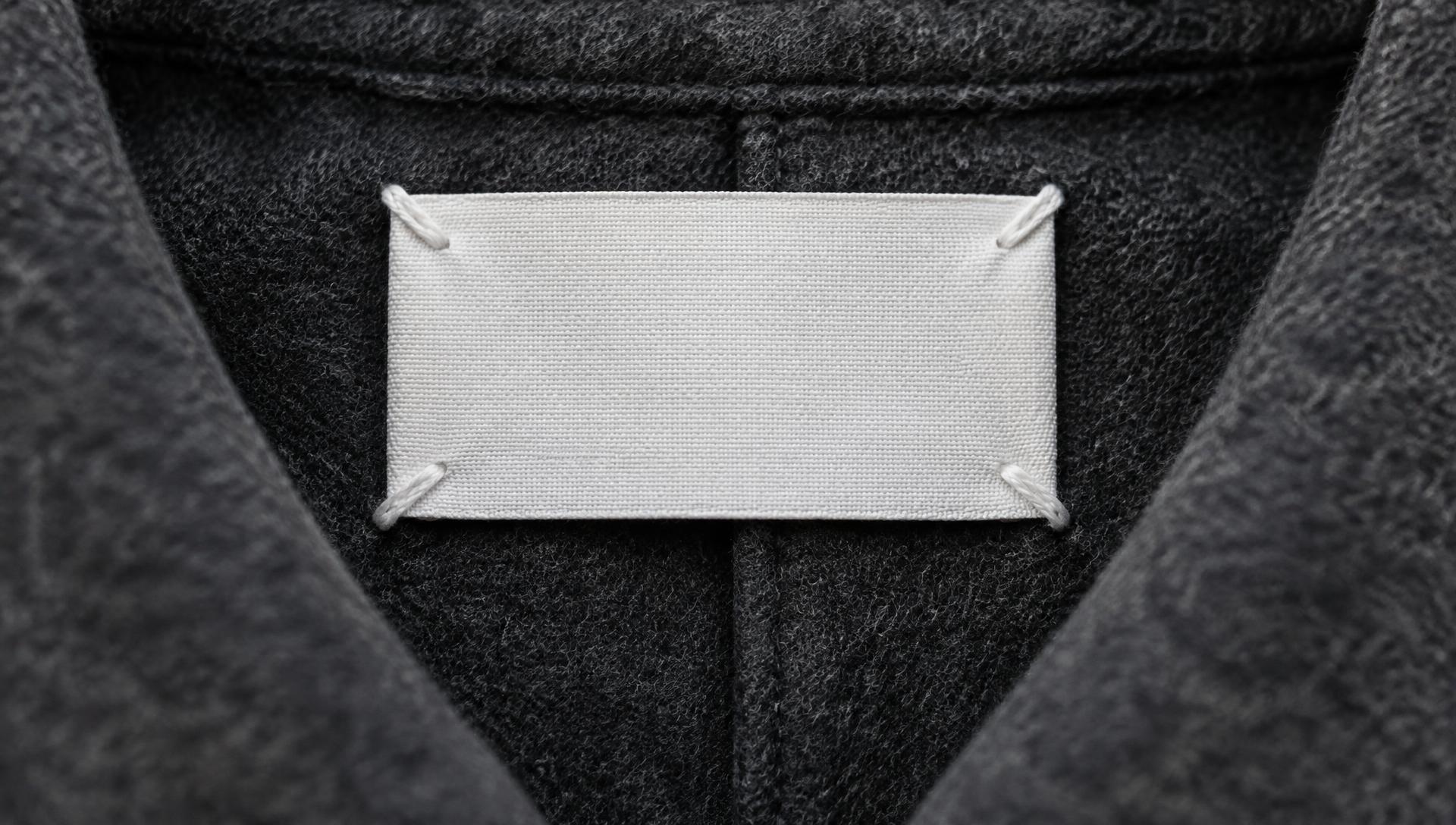A blank white label with four white stitches on dark wool