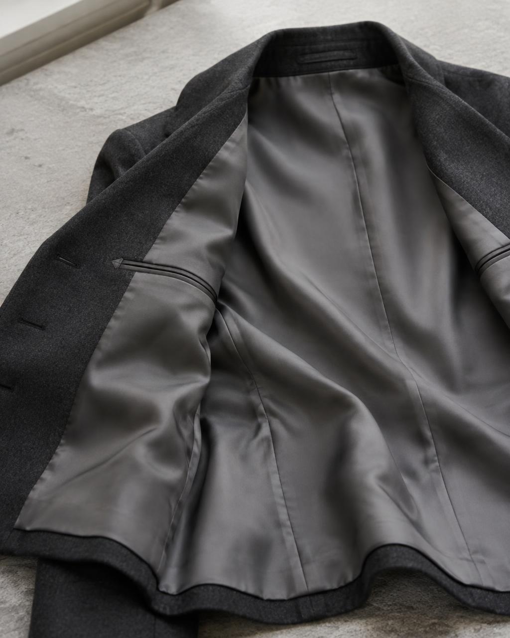 The inside of a jacket with neat seams and a silk lining