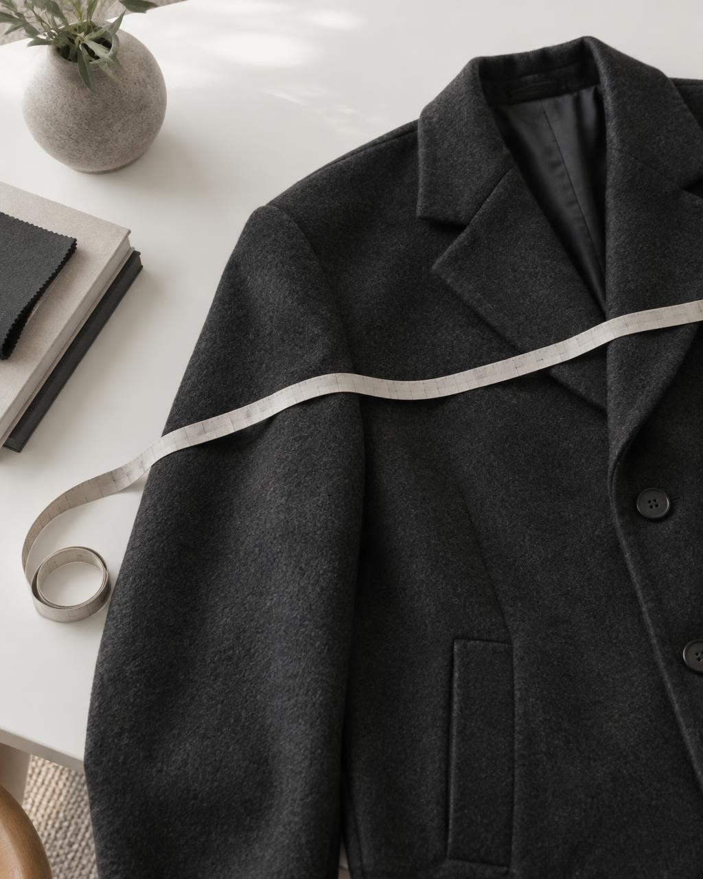 A measuring tape across a coat laid flat